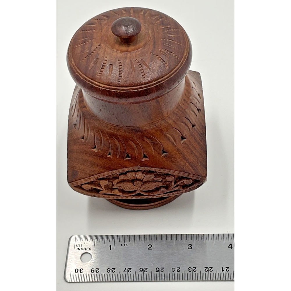 Vintage Hand Carved Wood Trinket Box India Floral Boho Jewelry Keepsake Jar 4"